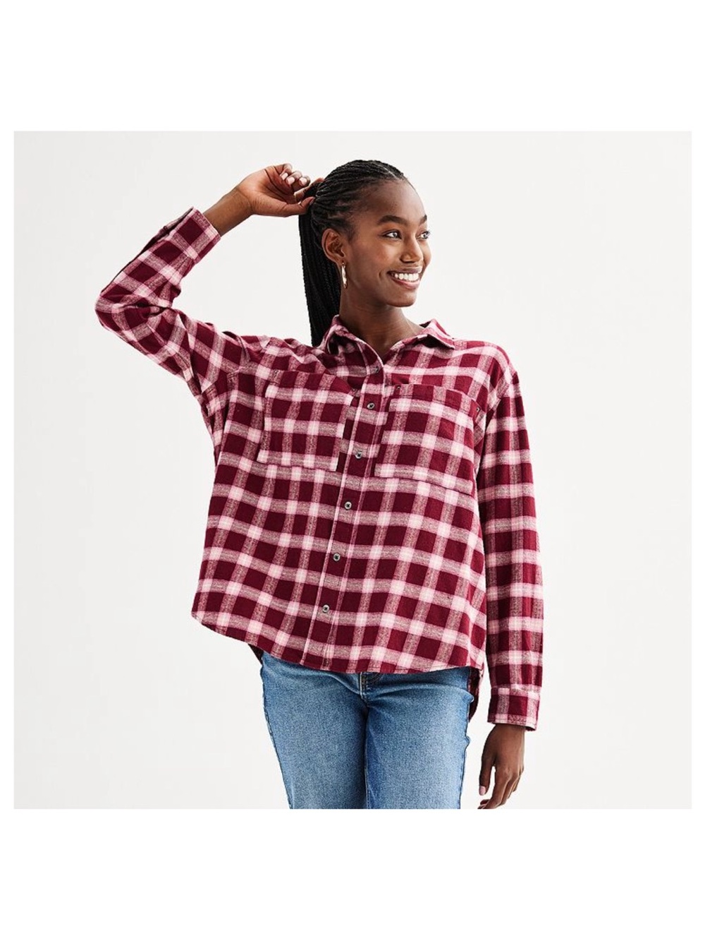 SO Burgundy and Light Pink Plaid Flannel Shirt